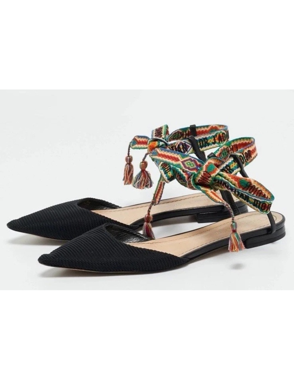 Christian Dior Size 39 black canvas and leather ankle wrap flats women’s
